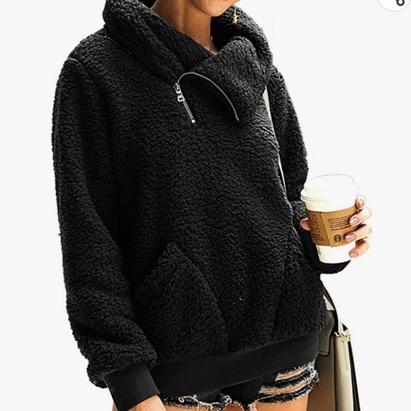 Longyuan Teddy Fleece Lapel Zip Pullover in Black Size L - Picture 2 of 9